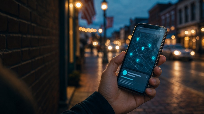 A hand holding a phone on a dusk main street, a map of glowing business pins on screen