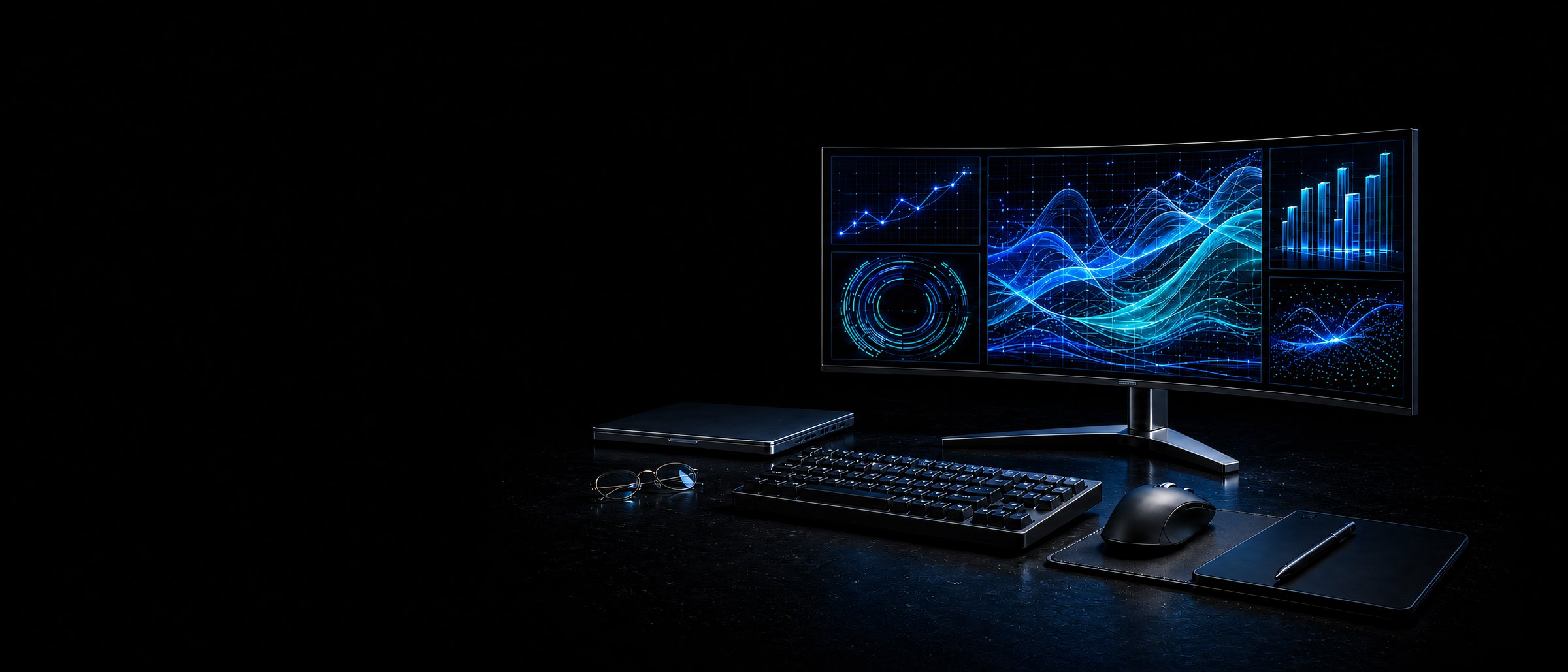 A web design studio at night, an ultrawide curved monitor glowing with charts and data over a dark glass desk