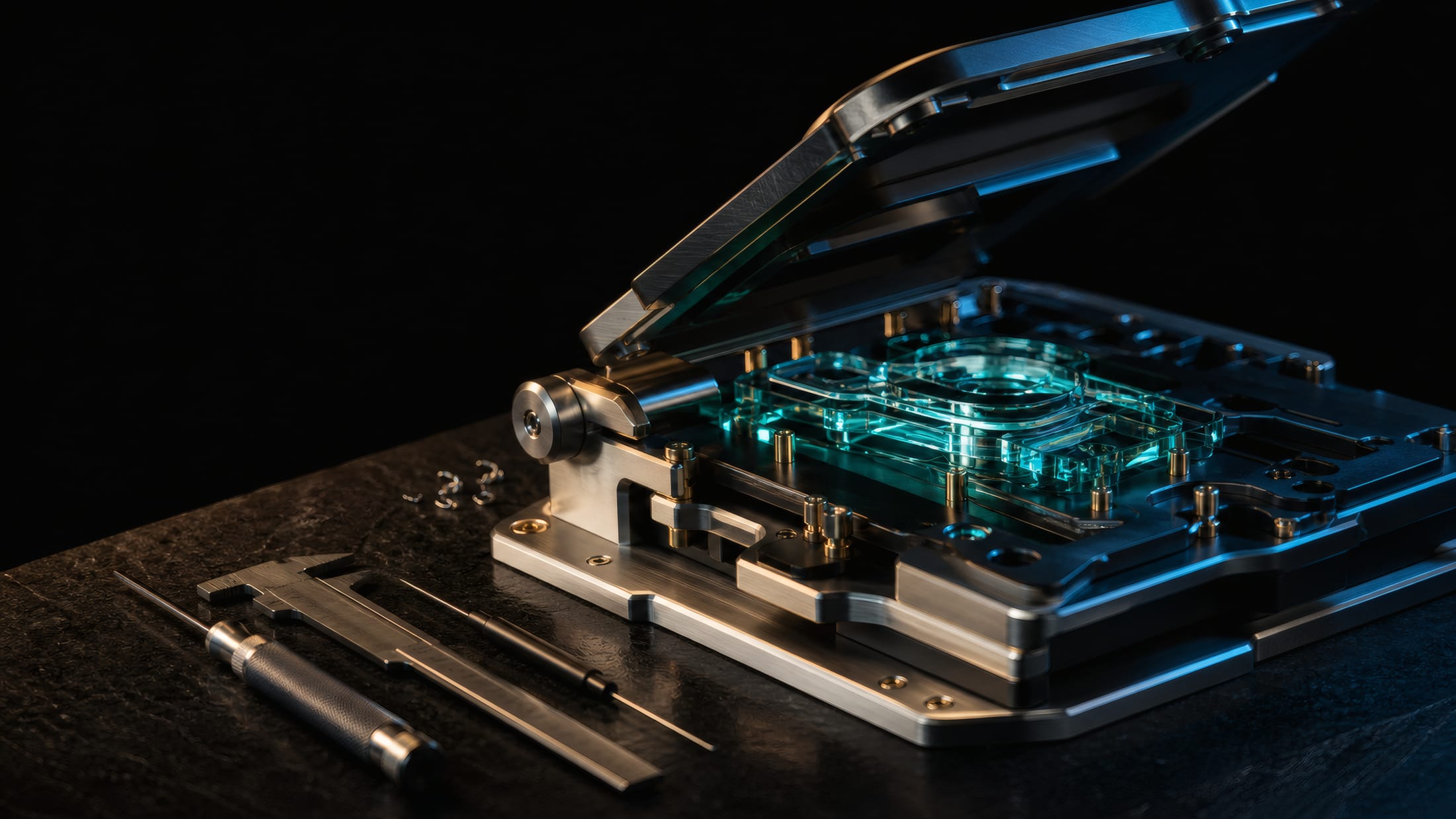 A one-of-a-kind aluminum and brass instrument mid-assembly on a machinist's bench, one plate open over a glowing teal core