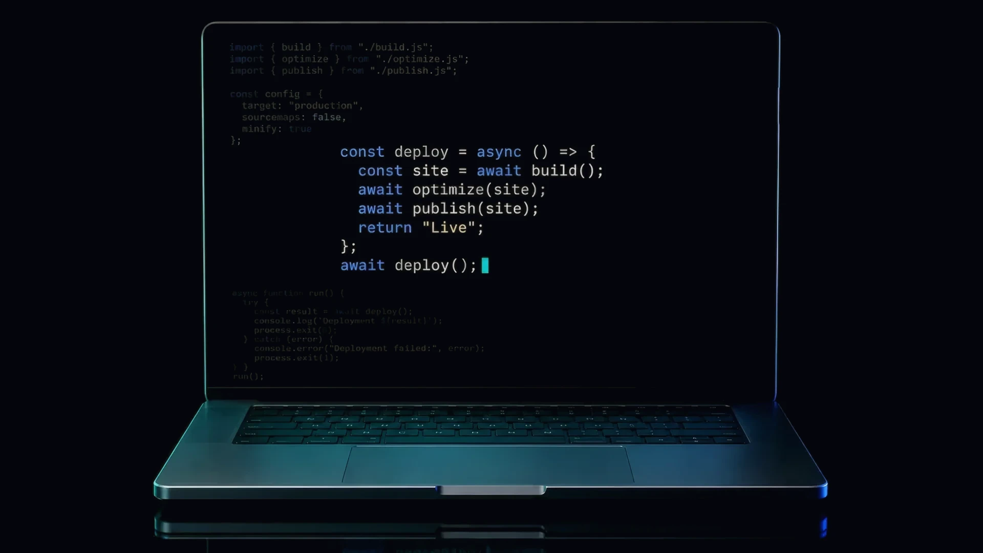 A laptop screen showing the hand-written deploy code behind a LeadLeak website build