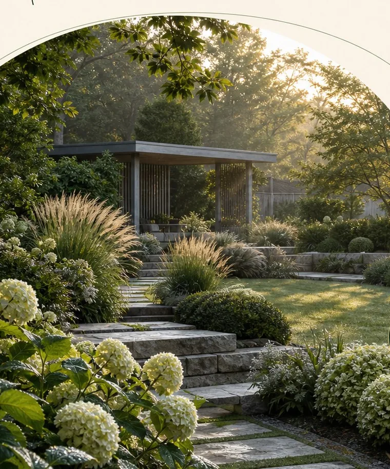 A terraced hillside garden in golden light